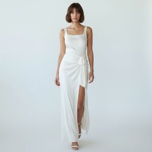 Anthro X Mable White Satin Draped Hi Lo Ruffle Dress Elegant Bridal Rehearsal